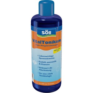 Söll Vital Tonikum 500ml für Teichpflege: Flüssigkeit in blauer Flasche mit Produktinformationen.
