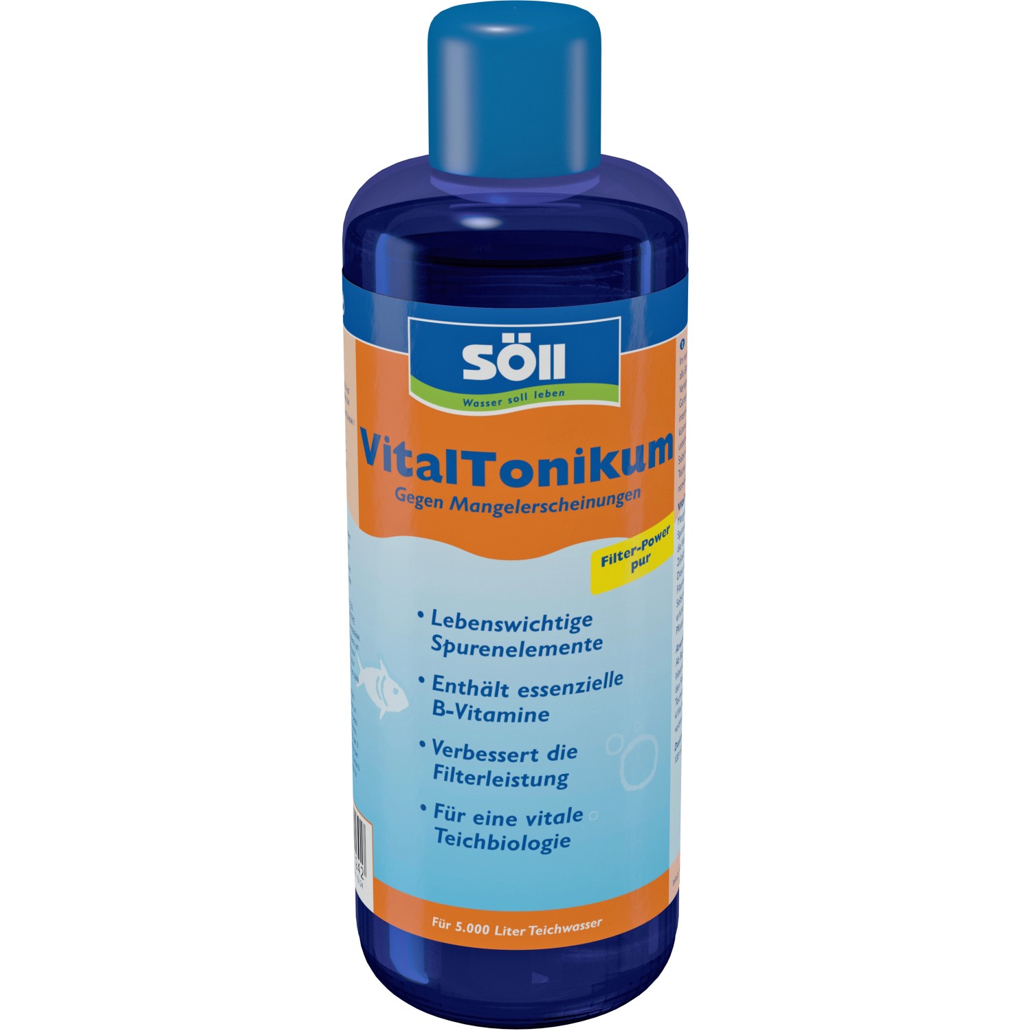 Söll Vital Tonikum 500ml für Teichpflege: Flüssigkeit in blauer Flasche mit Produktinformationen.