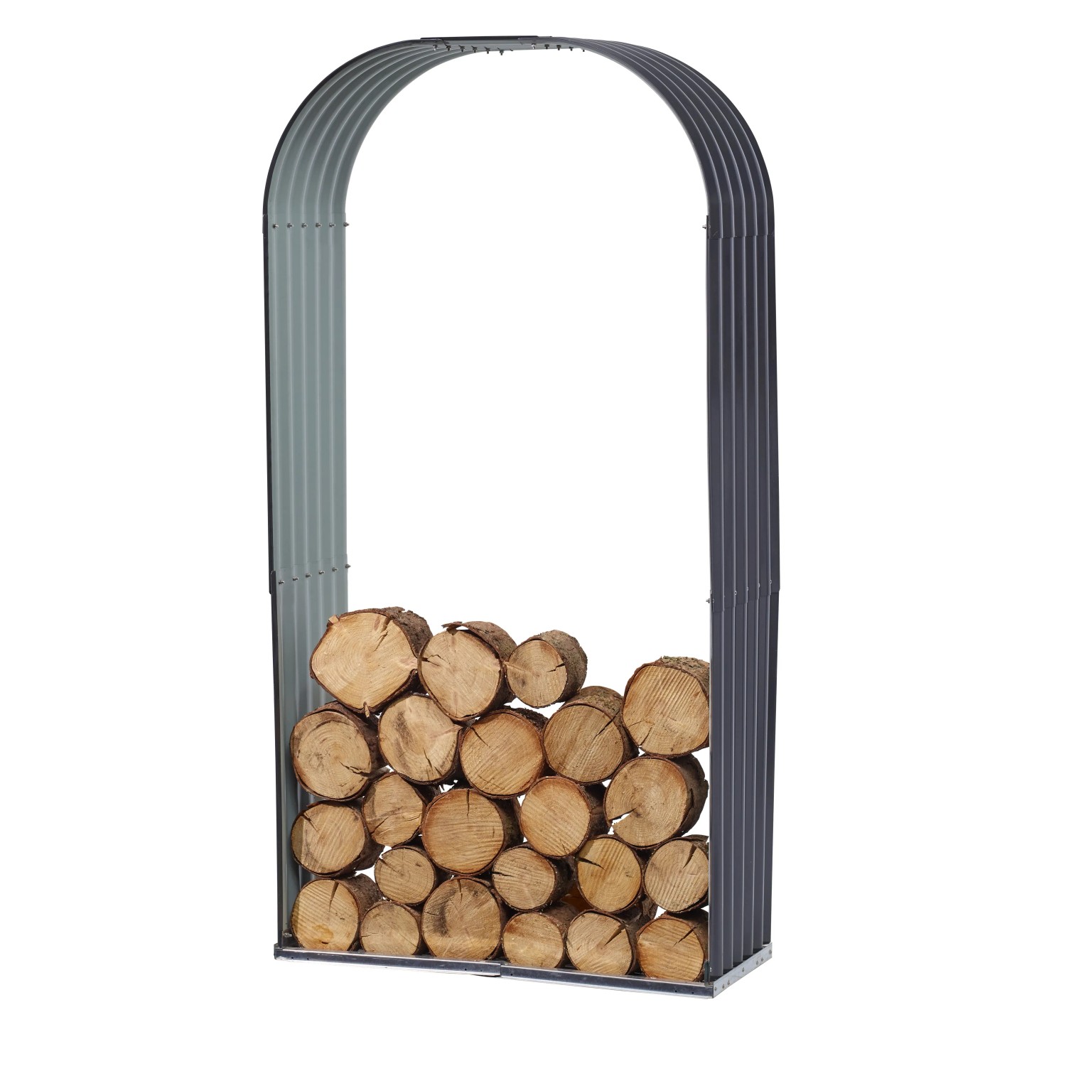 Floraworld Kaminholzregal Rundbogen, anthrazit, gefüllt mit Holzscheiten.
