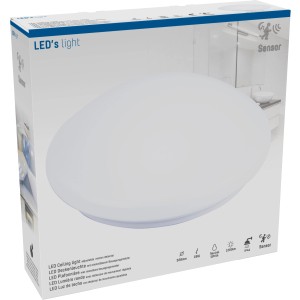 Verpackung einer runden, weißen LED-Deckenleuchte mit Sensor, 32,8 cm Durchmesser.