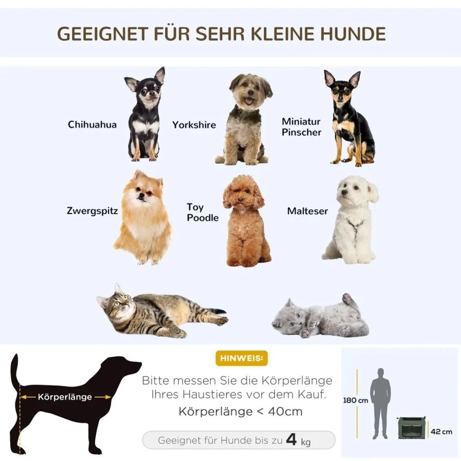 PawHut Hundetasche: Größenübersicht für kleine Hunde & Katzen bis 4 kg, Körperlänge < 40 cm, mit Rassenbeispielen.