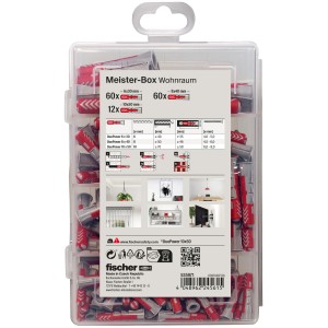Fischer Meister-Box Wohnraum mit 132 Dübeln in transparenter Kunststoffbox, ideal für Befestigungen.
