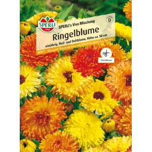 Samenpackung Sperli Ringelblume Viva Mischung mit gelben und orangen Blüten.