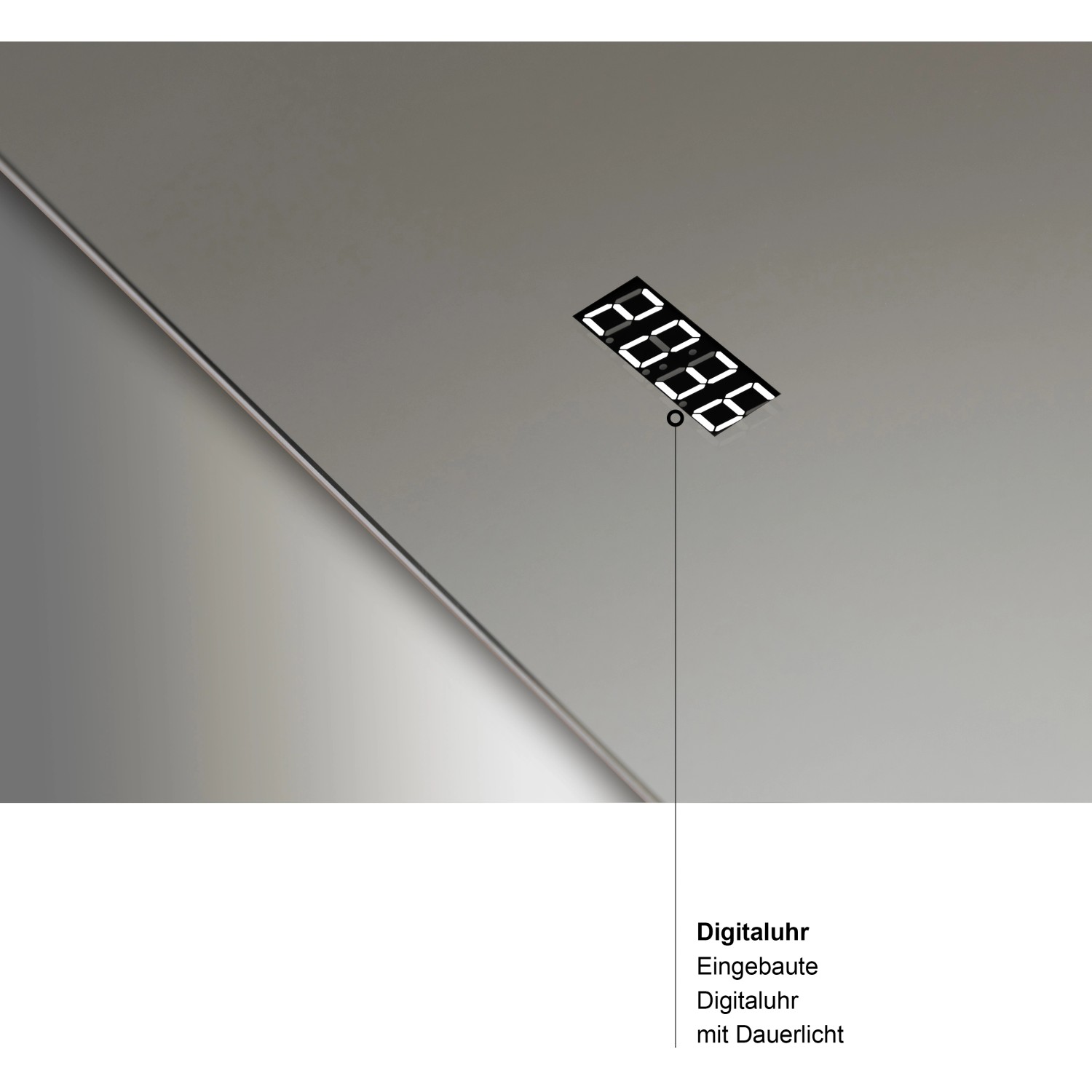 Detailaufnahme: DSK Design Silver Time Lichtspiegel mit Digitaluhr.