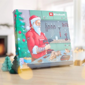 Einhell Werkzeug Adventskalender mit Weihnachtsmann-Illustration und Werkstatt-Motiv. 24 Türchen für praktische Werkzeug-Sets.