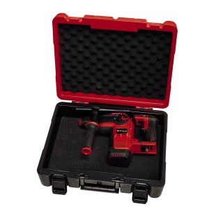 Einhell Akku-Bohrhammer TP-HD 18/26 im Koffer. Der rote Bohrhammer liegt in einer schwarzen E-Case Transportbox.
