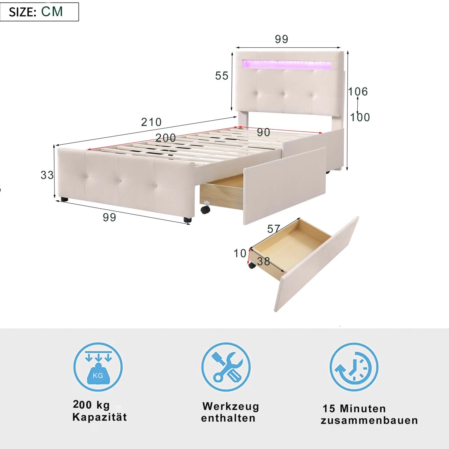 okwish Polsterbett 90x200cm mit LED Leuchten Kinderzimmer Beige ohne Matratze_5