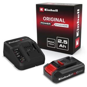 Einhell Power-X-Change Starter Kit: schwarzer 18V 2,5 Ah Akku, Ladegerät und Verpackung für Elektrowerkzeuge.