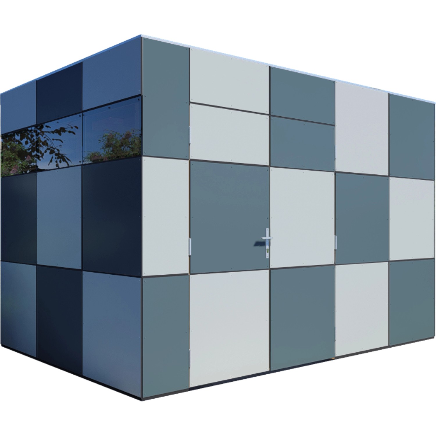 Bertilo Gartenhaus HPL 2 Anthrazit-Grau, Holz-Gartenhaus mit Flachdach und Tür.