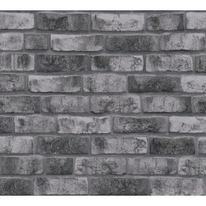 A.S. Création Vliestapete in dunklem Grau mit Ziegelstein-Optik für eine moderne Wandgestaltung.