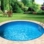 Blauer BWT Rundpool Ø 3,5 m x 1,35 m mit Leiter im Garten. Stahlwandpool-Set Premium.
