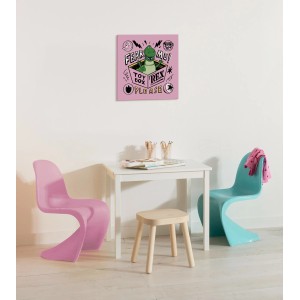 Komar Keilrahmenbild mit Toy Story Rex Motiv in Rosa über einem Kindertisch.