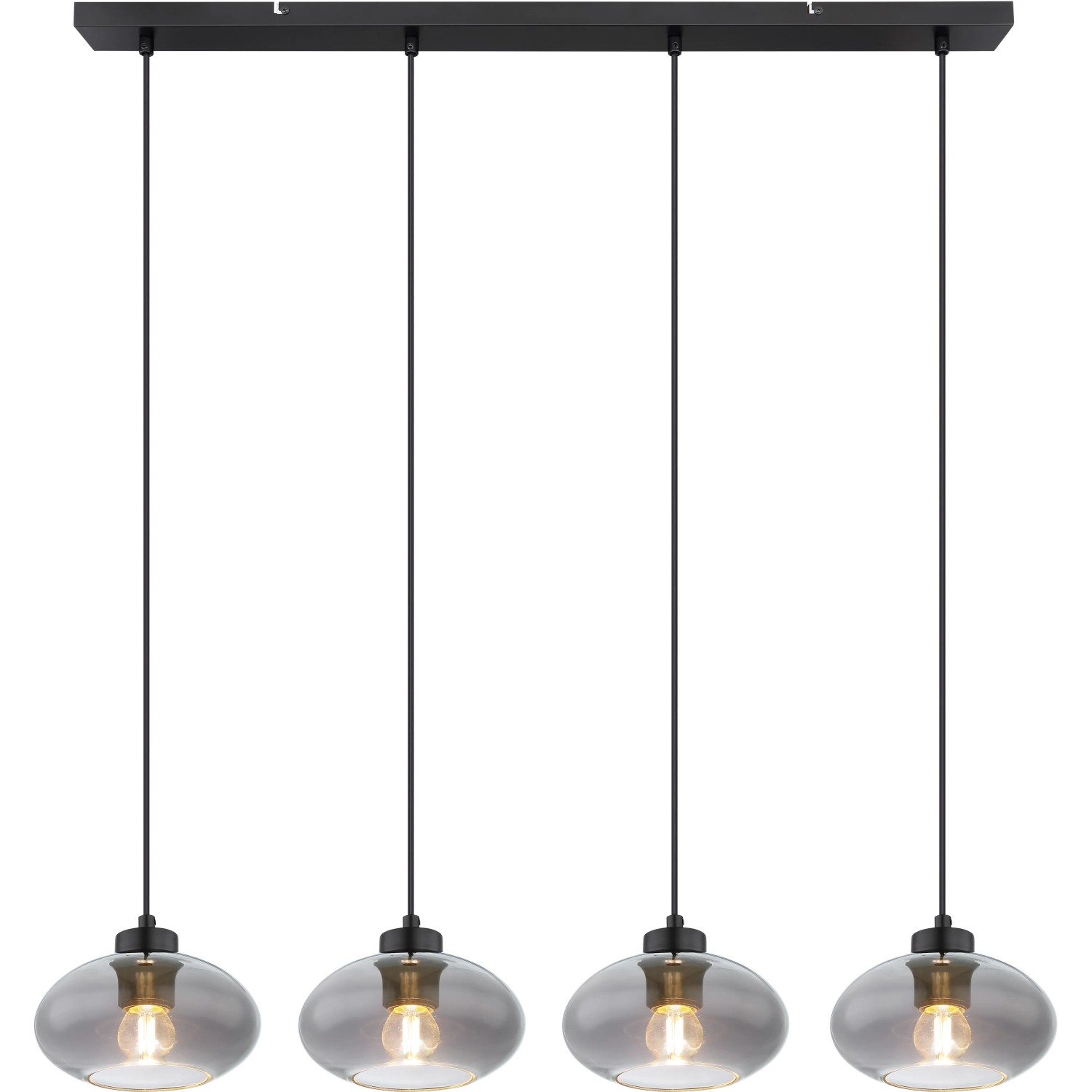 Globo Pendelleuchte Shaun, 4-flammig, schwarz matt mit rauchfarbenen Glasschirmen.