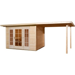 Unbehandeltes Weka Holz-Gartenhaus Panorama mit Flachdach und Anbau, 590x342 cm.