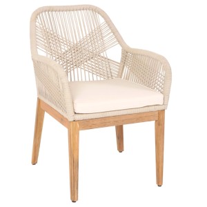 Beiger MCW Gartenstuhl H56b mit creme-weißem Kissen und Akazienholz-Gestell.