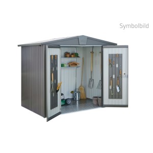 Biohort Metall-Gerätehaus Europa Quarzgrau-Metallic, offene Doppeltür mit Regalen und geordneten Gartengeräten.