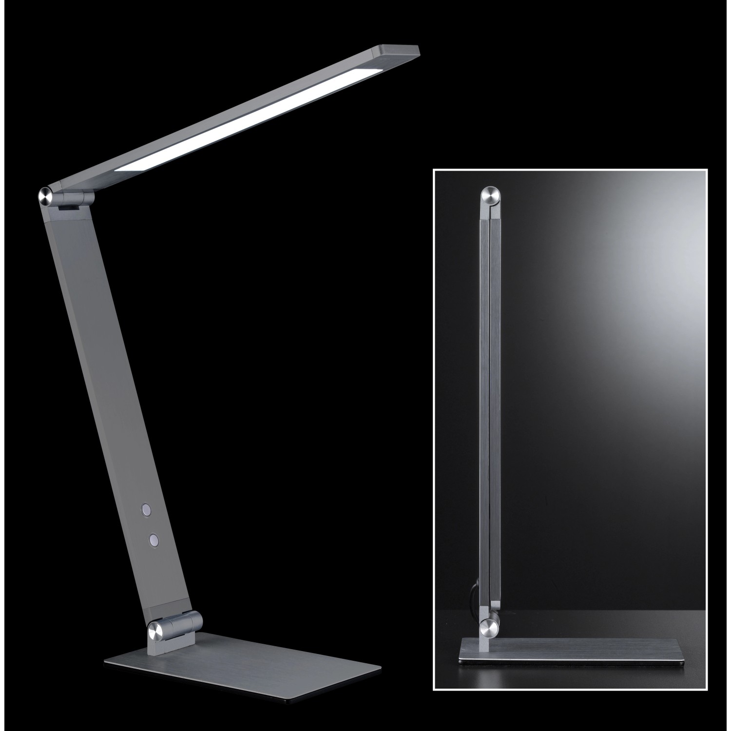 Graue LED-Tischleuchte Geri von Fischer & Honsel, dimmbare Schreibtischlampe mit Metallgestell.