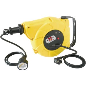 Gelbe Automatik Kabelaufroller EF 10m Kabeltrommel mit schwarzem Kabel und Stecker.