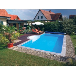 Steinbach Styropor Pool-Set Highlight, Einbaubecken 600x300x150 cm im Garten mit Liegen und Sonnenschirm.