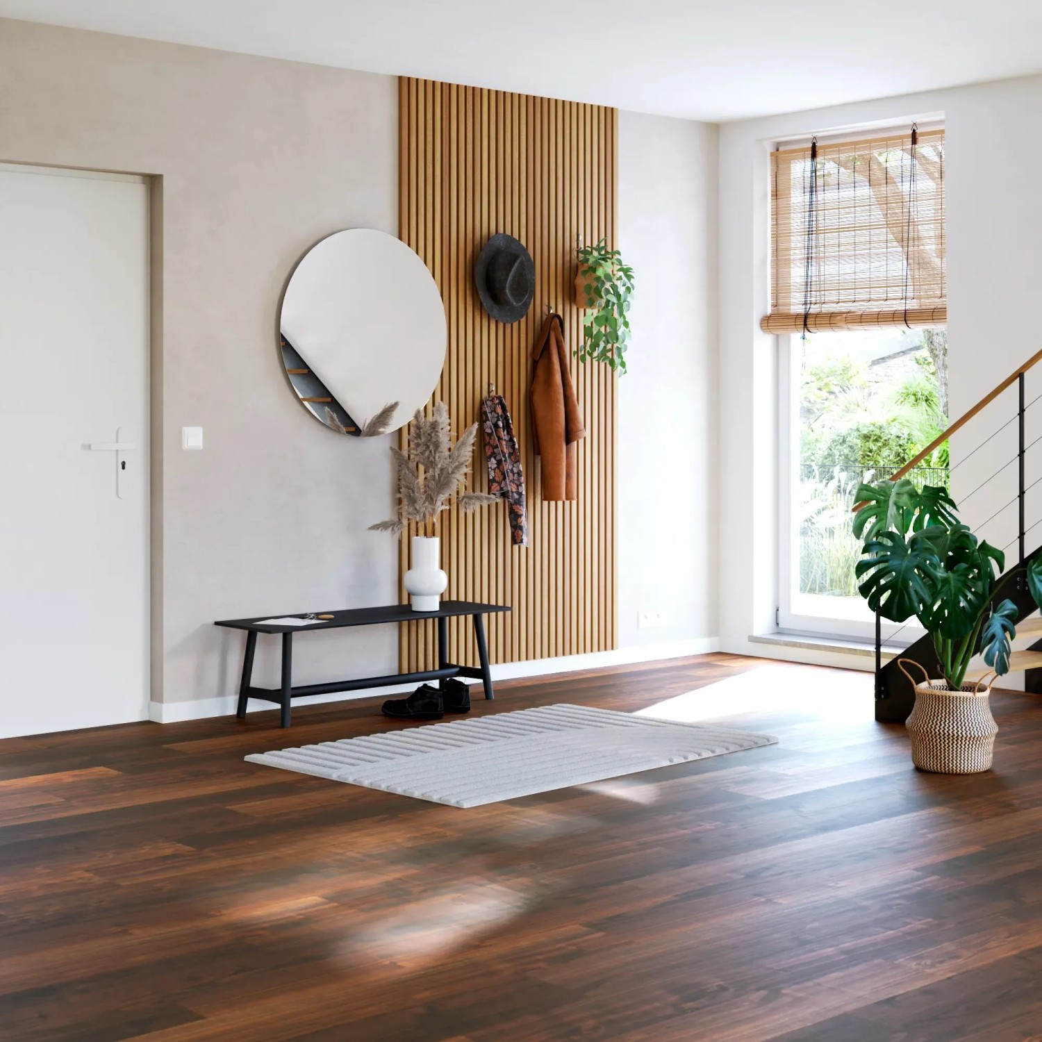 Verlegter Parador Laminatboden Basic 200 Walnuss dunkel, Holzoptik im Flur.