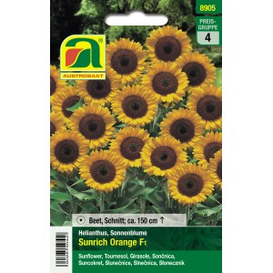 Saatgutpackung Sonnenblume 'Sunrich Orange F1' mit orange-gelben Blüten und dunkler Mitte.
