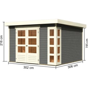 Karibu Holz-Gartenhaus Sölve, terragrau, mit Flachdach und Doppeltür, 298x302 cm.