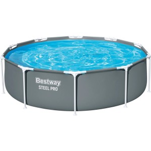 Bestway Steel Pro Standpool, grau, Ø 305 cm. Family Pool mit Stahlrahmen und blauem Wasser.