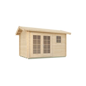 Unbehandeltes Weka Holz-Gartenhaus mit Satteldach, 410x380 cm. Holz-Gartenhaus mit Doppeltür und Fenster.