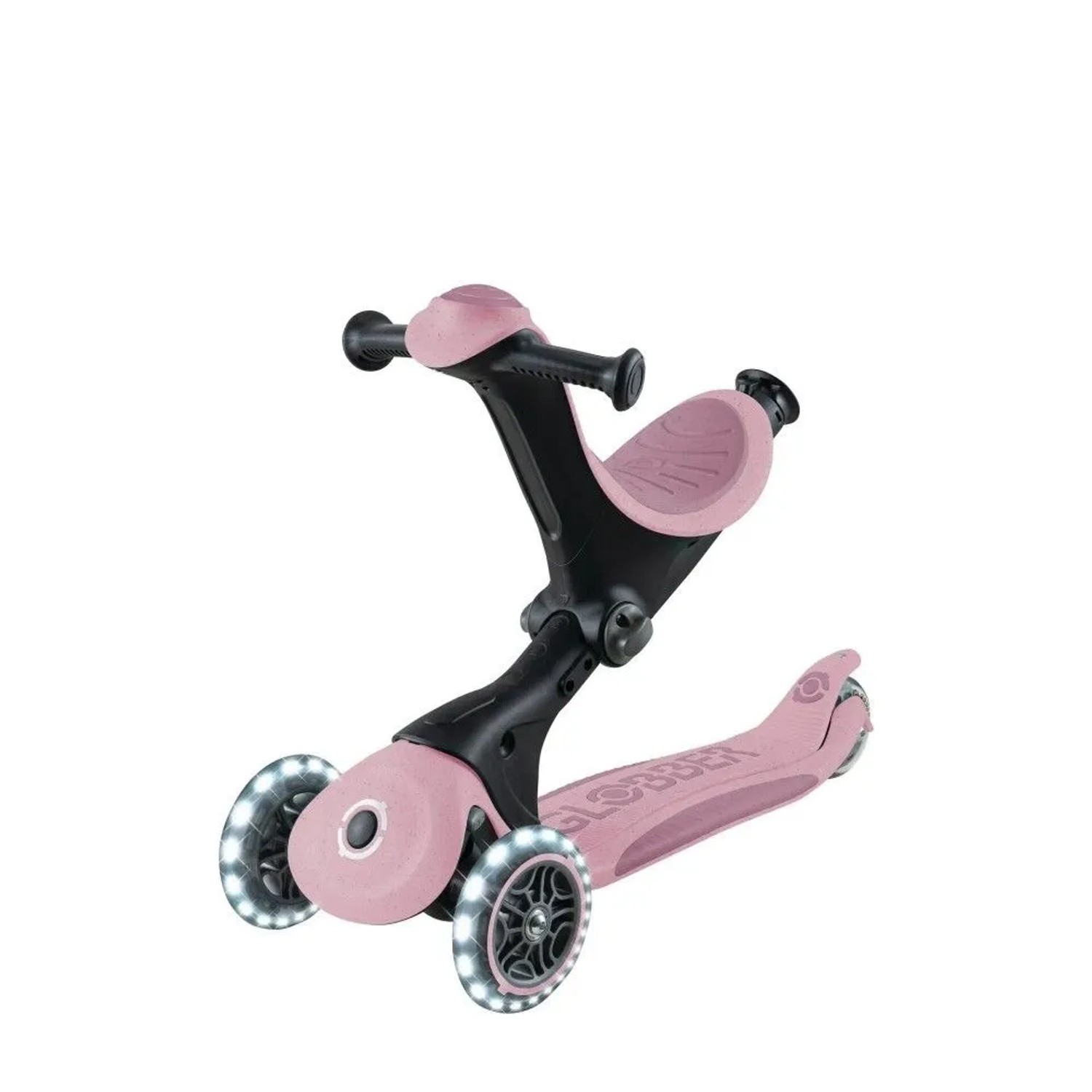 Globber Go-Up Deluxe Lights 360 3-in-1 Kinderfahrzeug in Beere. Höhenverstellbares Aufsitzrad, Laufrad, Scooter mit LED-Rädern.