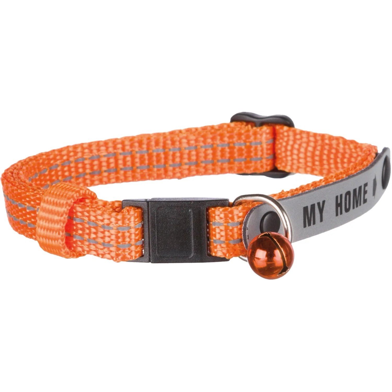 Orangefarbenes Jollypaw Katzenhalsband mit Adresslasche, reflektierend und mit Glöckchen.