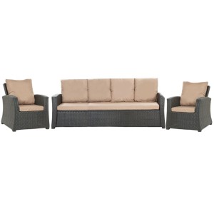Beiges Gartenloungekissen Set für Technorattan-Möbel, bestehend aus Sofa und zwei Sesseln, für hohen Komfort.