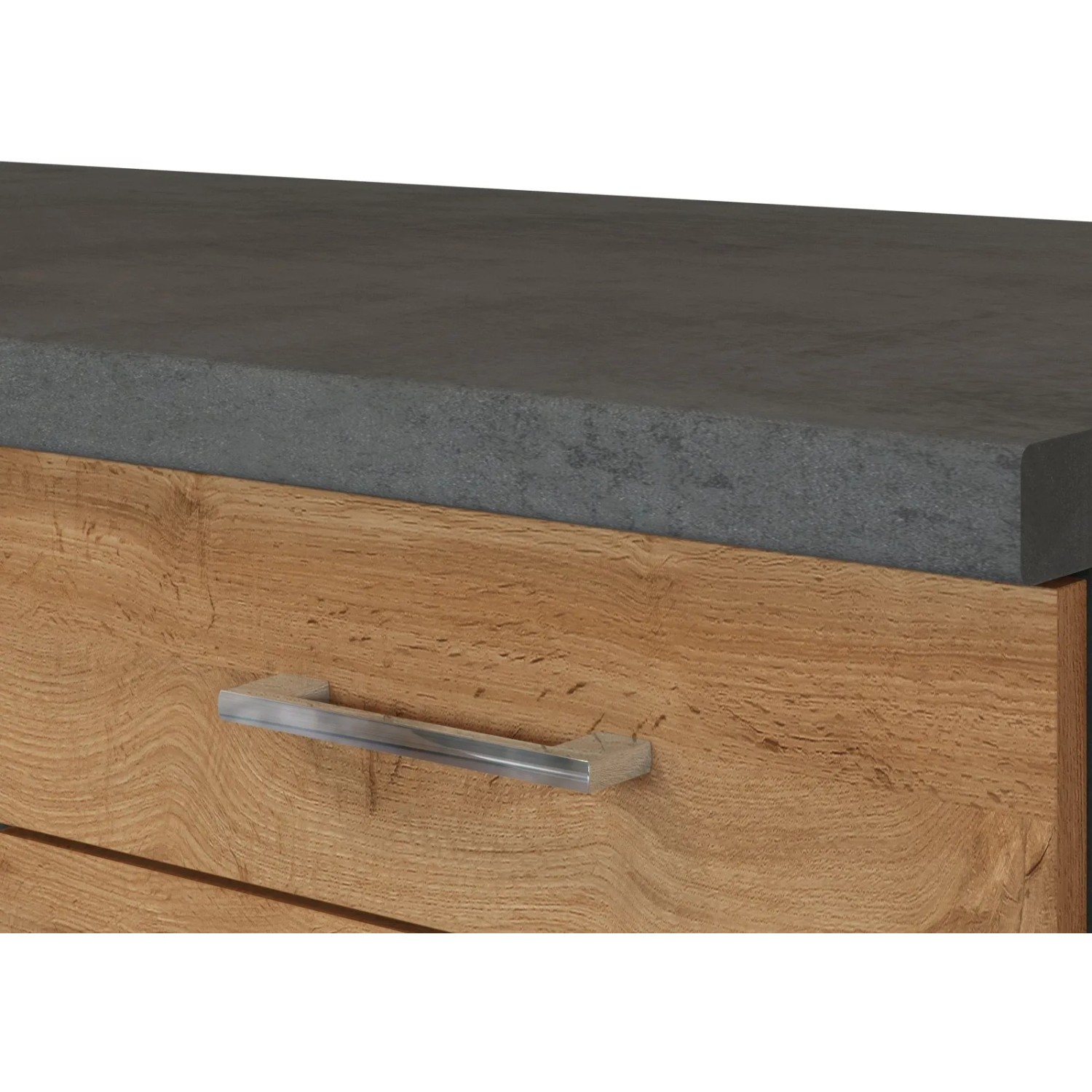 Detailaufnahme: Küchenzeile Sorrento in Wotaneiche-Grafit mit Schublade und grauer Arbeitsplatte.
