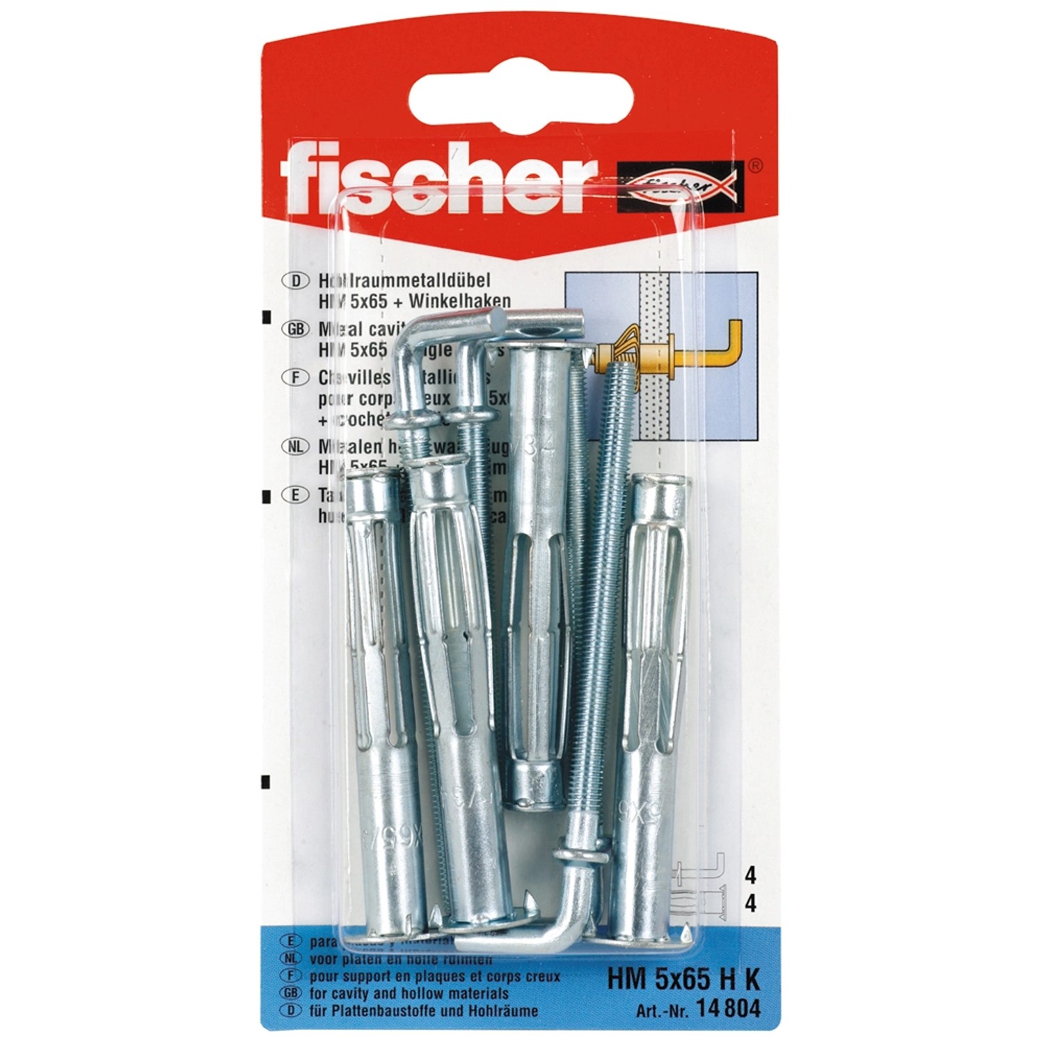 Fischer Hohlraumdübel HM 5x65 mit Winkelhaken, 4 Stück, für sichere Befestigungen in Hohlräumen.