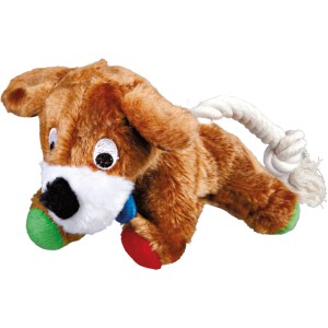 Jollypaw Plüschhund mit Tau, 17 cm, braunes Stofftier mit farbigen Akzenten und robustem Baumwolltau.