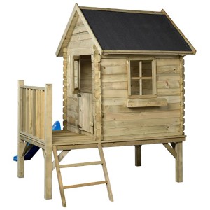 SwingKing Spielhaus Camilla mit blauer Rutsche, aus Holz, für Kinder von 3-8 Jahren.