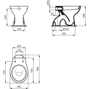 Technische Zeichnung: Ideal Standard Stand-WC Eurovit, Tiefspüler, Abgang senkrecht, Maße