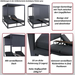 Dunkelgraue Alu Lounge-Gartenliege mit grauem Polster und verstellbarem Dach.