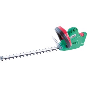 CMI Elektro-Heckenschere C-EGS-5in1: Grün, mit rotem Griff und silberner Klinge.