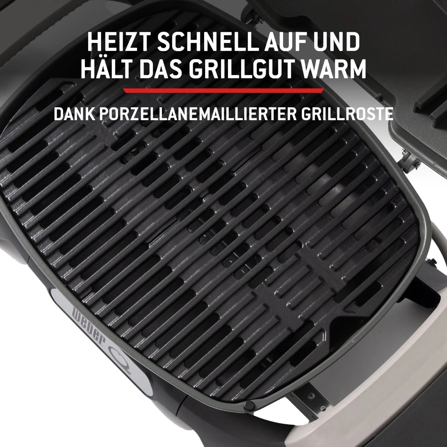 Schwarzer, porzellanemaillierter Guss-Grillrost des Weber Gasgrills Q1200N. Heizt schnell auf und hält Grillgut warm.