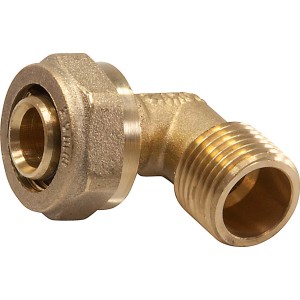 Klemm-Winkelübergangsstück, 44 mm, aus Messing für Klemmfittings, mit 90° Winkel.