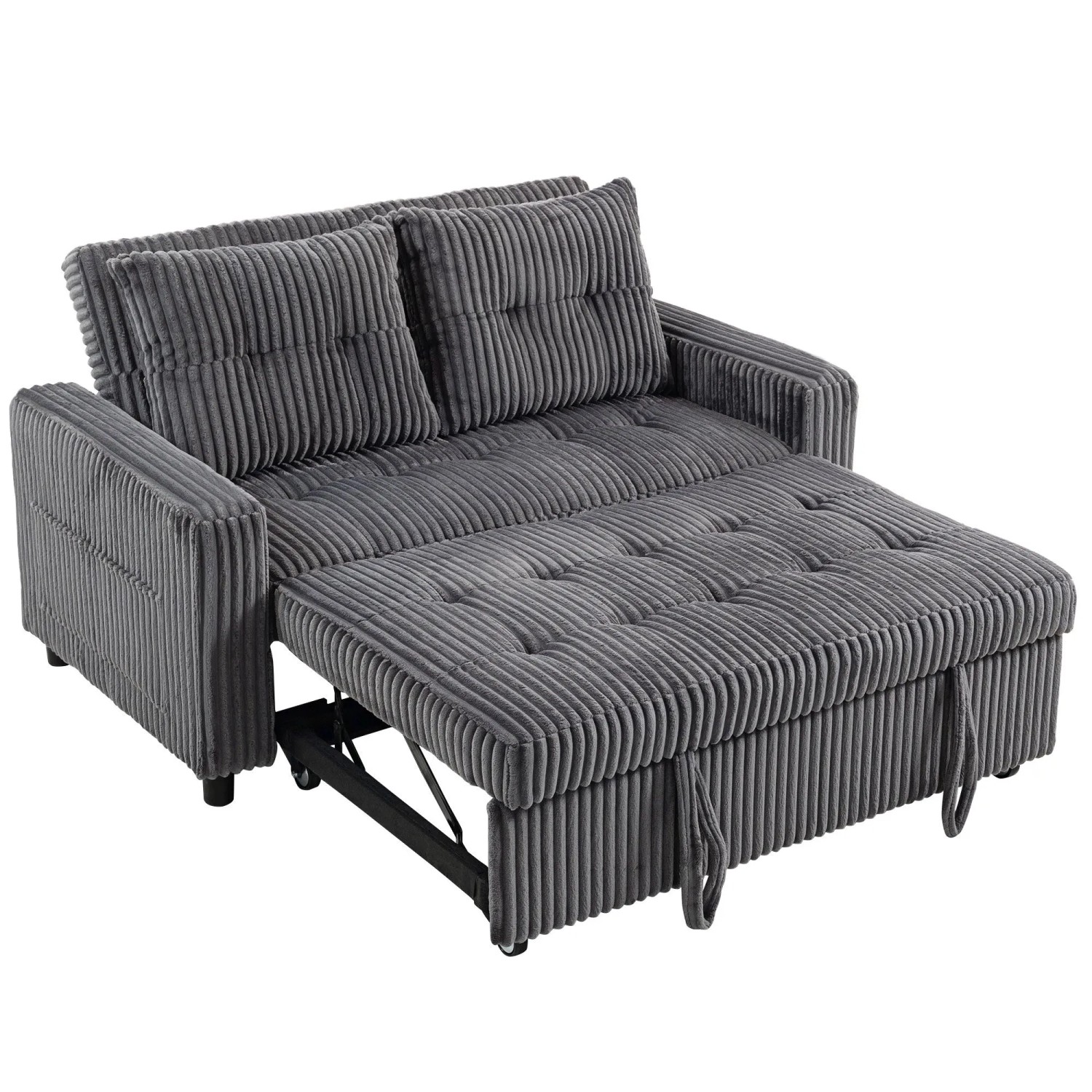 Dunkelgraues HOMCOM Schlafsofa aus Cordstoff, teilweise ausgezogen als Bett, mit zwei Kissen.