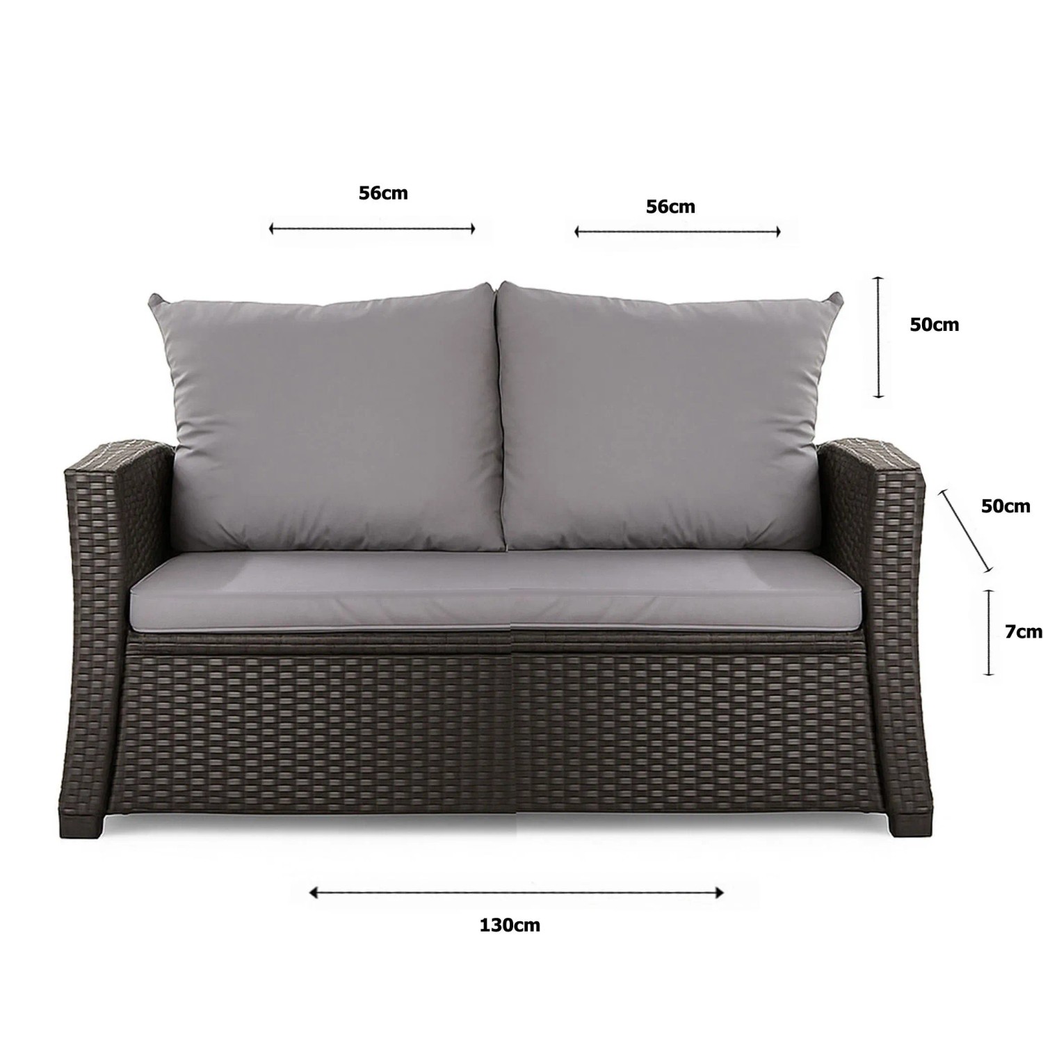 Graues Gartenkissen-Set für 2-Sitzer Polyrattan-Gartensofa, 130x50x50 cm.