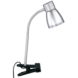 Briloner Klemmleuchte Heel, titanfarben mit transparentem Schirm, flexibler Arm.