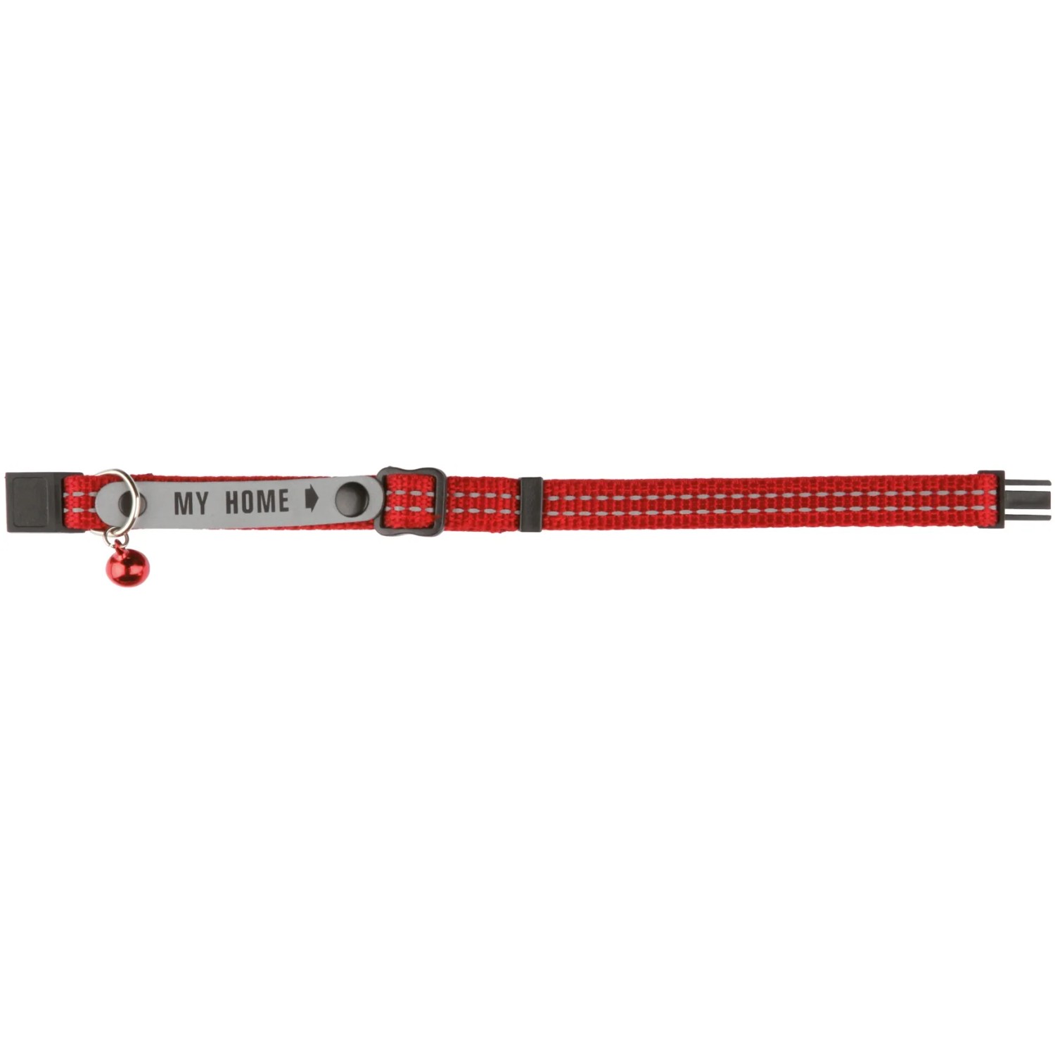 Rotes Jollypaw Katzenhalsband aus Nylon mit Adresslasche und Glöckchen.