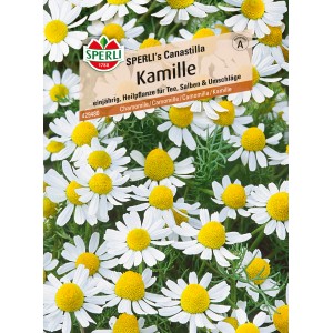 Samenpackung Sperli Kamille Canastilla, Heilpflanze mit weißen Blüten und gelber Mitte.