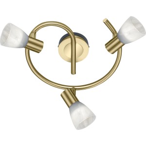 Trio LED-Deckenleuchte Levisto, Messing matt, mit 3 Strahlern und alabasterfarbenem Glas.