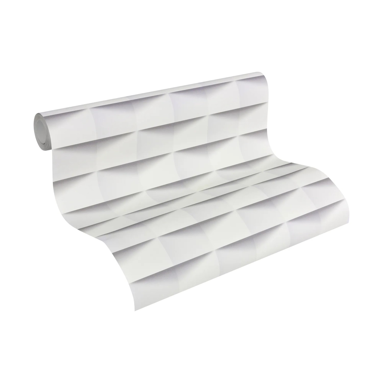 Rolle Vliestapete mit geometrischem 3D-Effekt in Weiß und Grau, matte Oberfläche.