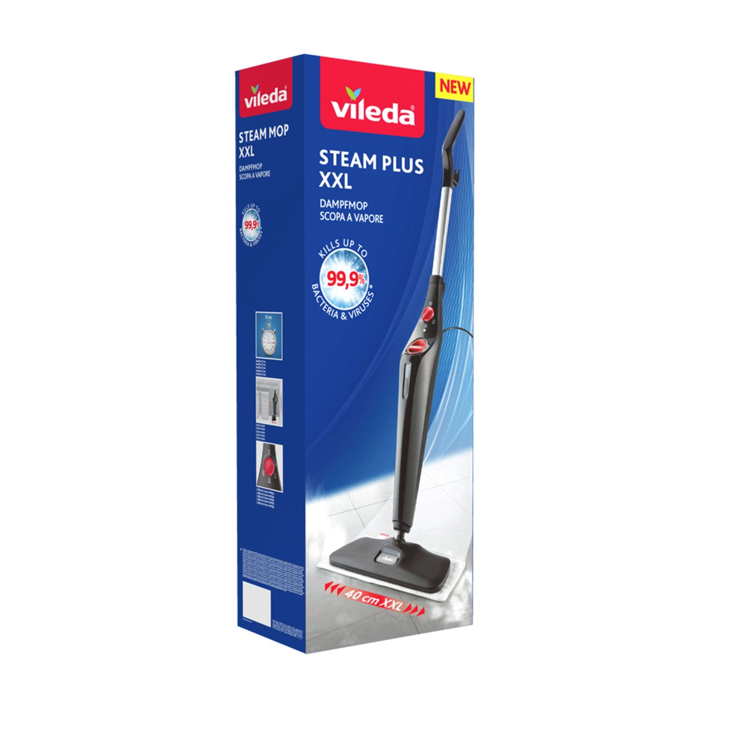Vileda Steam Plus XXL Dampfreiniger mit extra breiter Reinigungsfläche und Verpackung.
