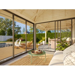 Palmako Pavillon Bianca Set, 588x300 cm, weiß lackiert, mit Schiebetüren und Blick in den Garten.