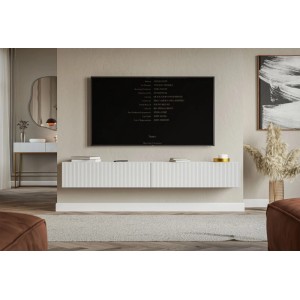 Weißes Selsey Veldio TV-Hängeboard mit Lamellenfront unter TV. Modernes Design, Stauraum für Wohnzimmer.
